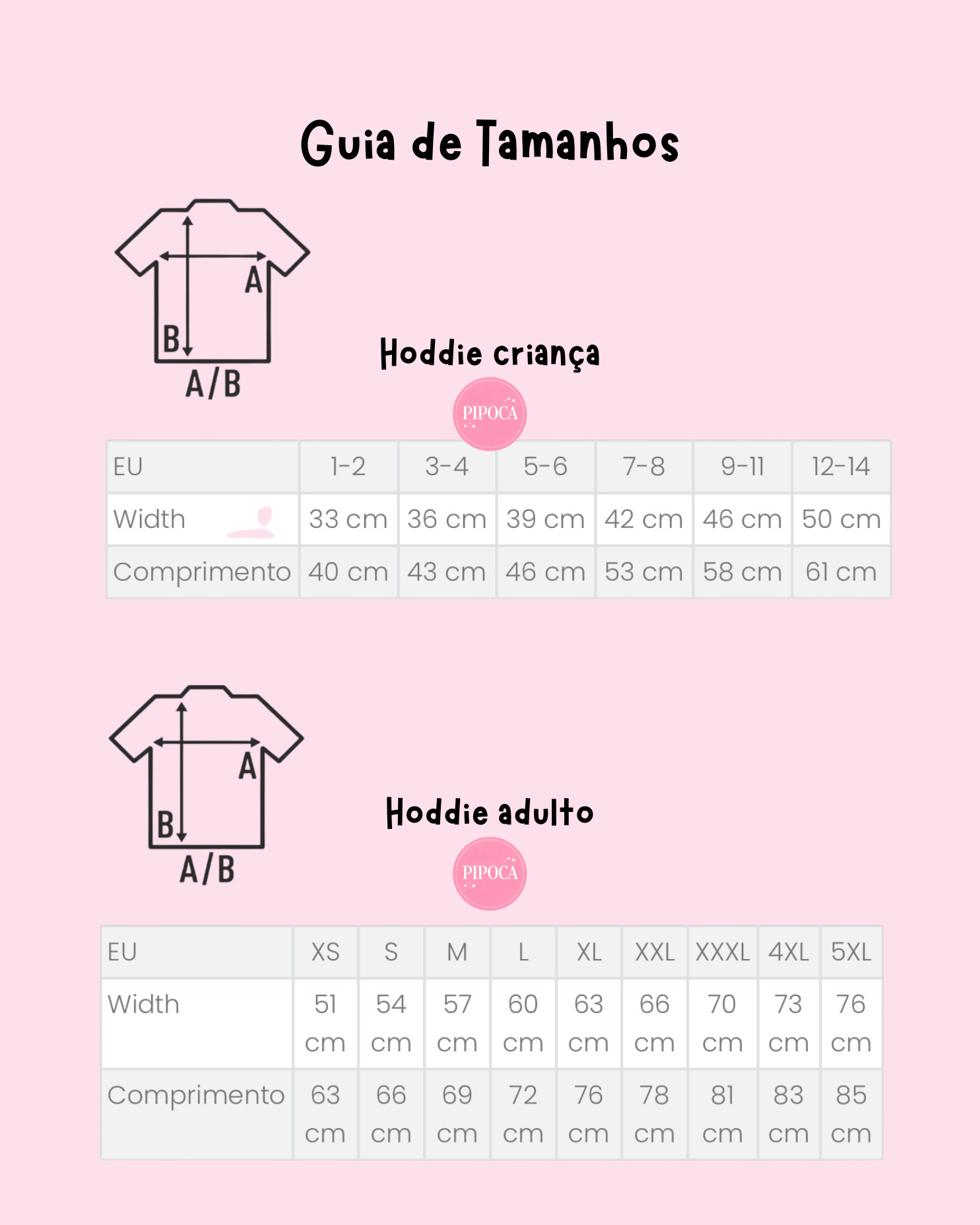 Guia de tamanhos para Hoodies de Criança e Adulto