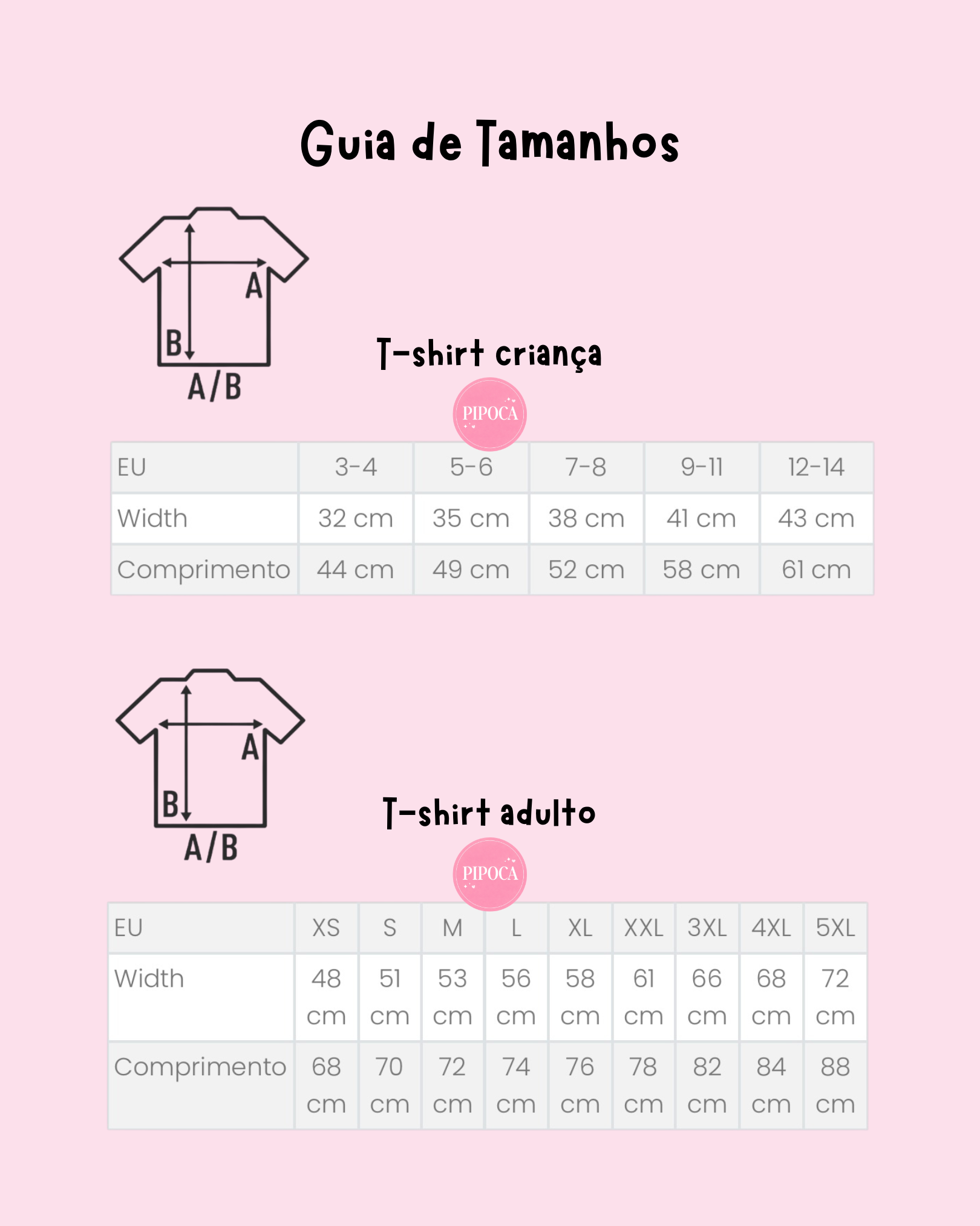 Guia de tamanhos para T-Shirts de Criança e Adulto